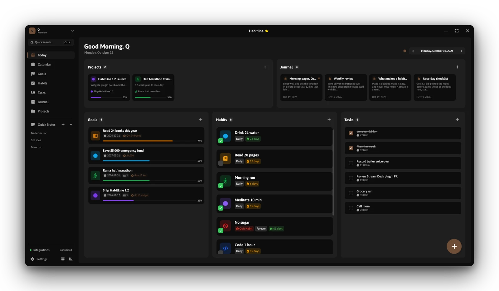 The HabitLine desktop app on its Today view: projects, journal notes, goals with progress, habits with streaks, and today's tasks